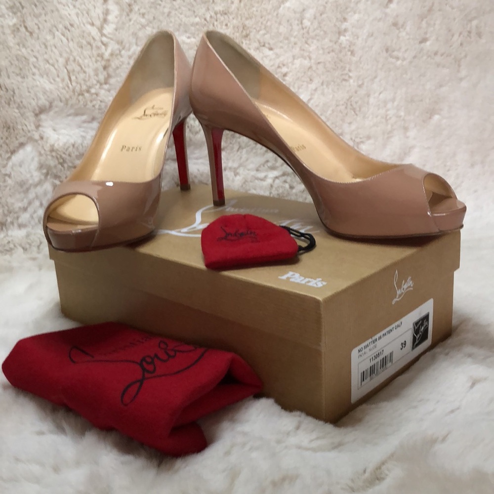 RARE Christian Louboutin New Very Prive 39 NIB Nude Patent Calf No Matter 85mm